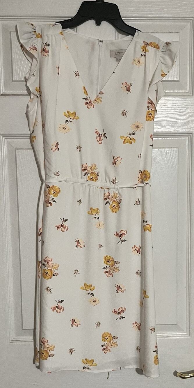 NWT Loft Floral Flutter Sleeve MIDI Tie Dress White Yellow Lined Spring Summer